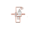 A rose gold geometric stud earring featuring a pear-cut center stone, a baguette side stone, and a small round accent stone, set against a plain white background.