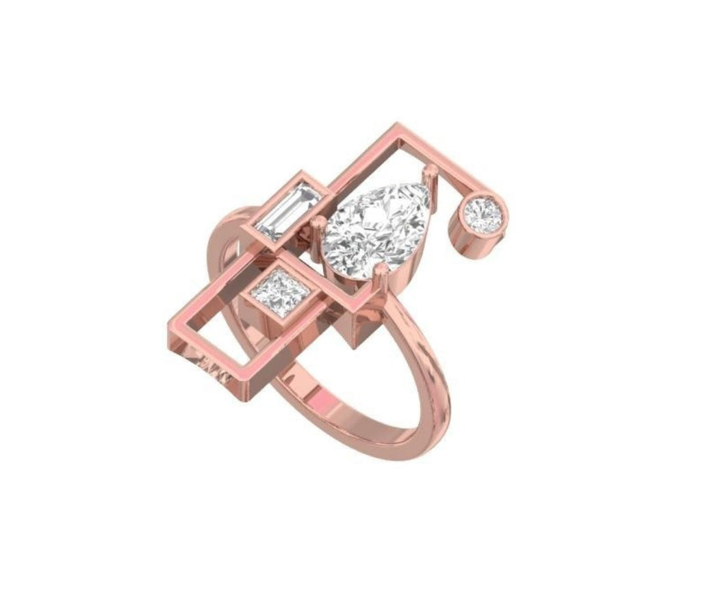 A rose gold ring featuring a geometric Art Deco design with a marquise-cut center diamond, baguette, round, and square accent diamonds, set against a plain white background.
