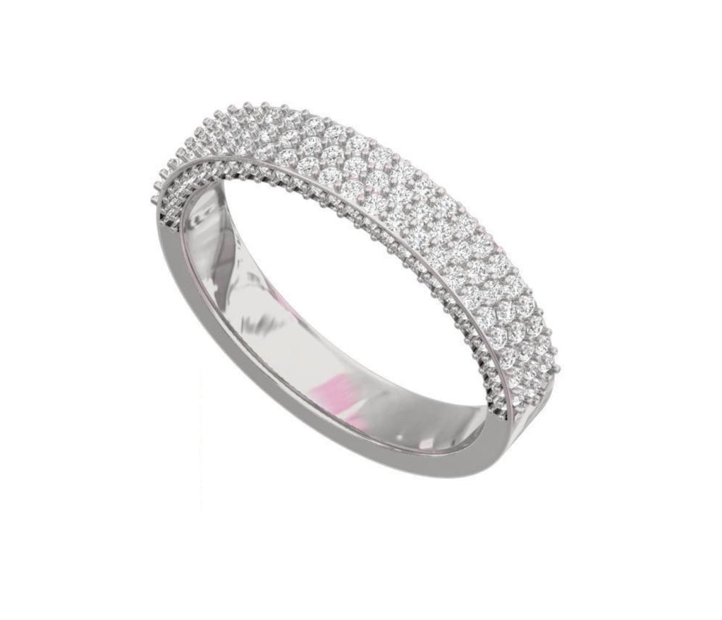 Silver ring with embedded stones on a white background